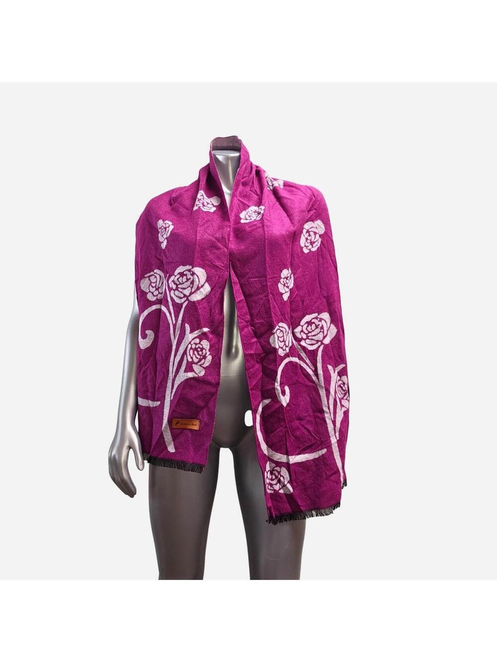 Cashmere Blend Purple Floral Rose Scarf Wrap Shawl Fringe Trim